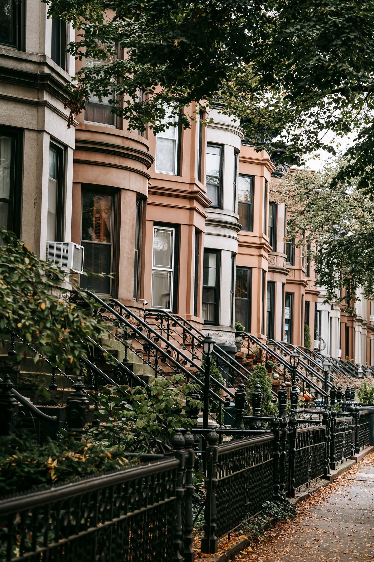 Brownstone buildings on a city street